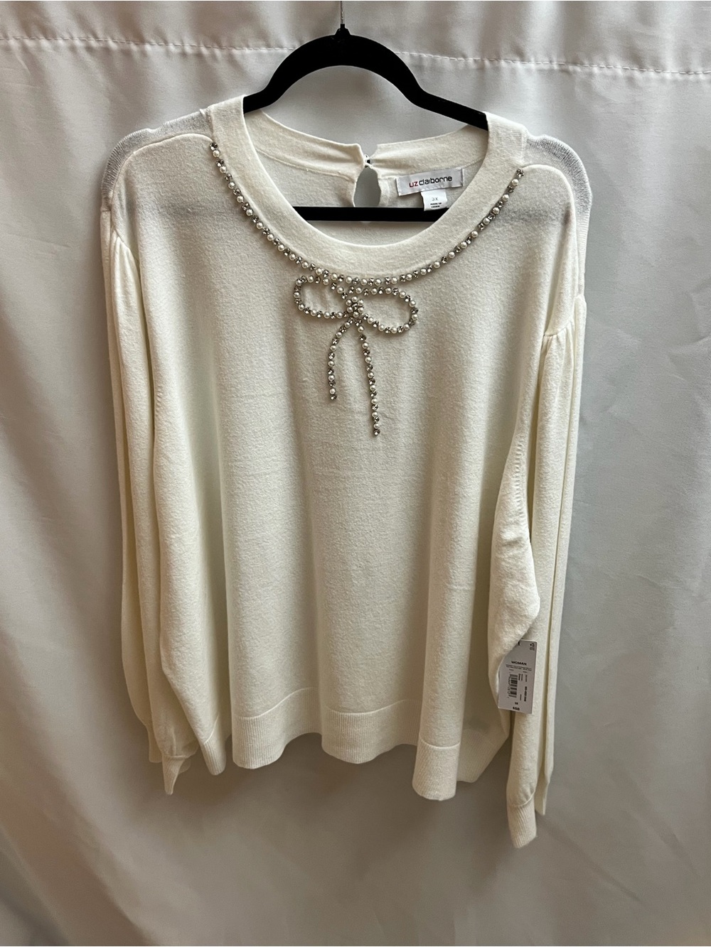 Liz Claiborne 3X Ivory Embellished Bow Sweater Pearl Rhinestone NWT Plus Size